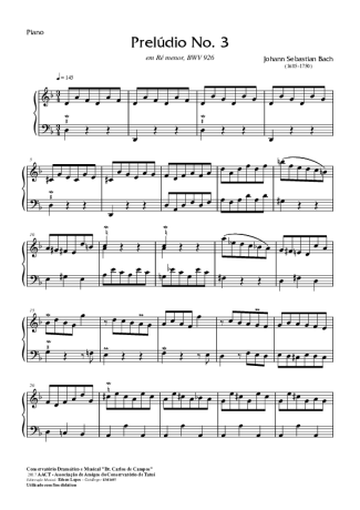 Bach Preludio Nr 3 BWV926 score for Piano