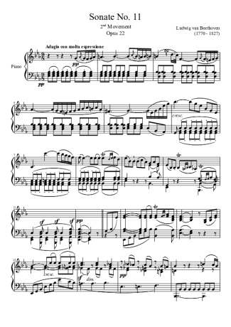 Beethoven Sonata No 11 2nd Movement score for Piano