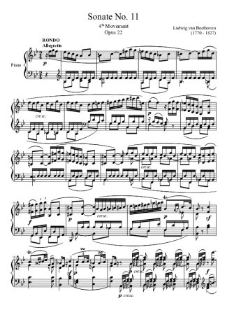 Beethoven Sonata No 11 4th Movement score for Piano
