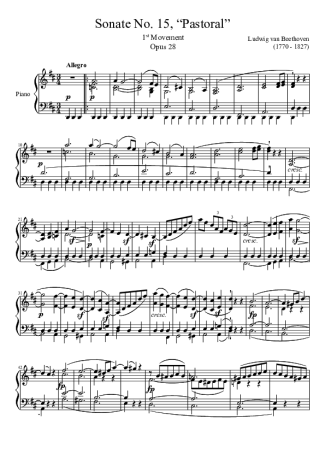Beethoven Sonata No 15 1st Movement score for Piano