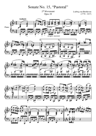 Beethoven Sonata No 15 2nd Movement score for Piano