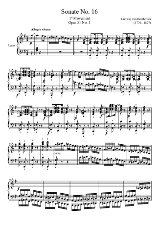 Beethoven Sonata No 16 1st Movement score for Piano