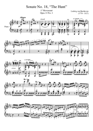 Beethoven Sonata No 18 The Hunt 1st Movement score for Piano