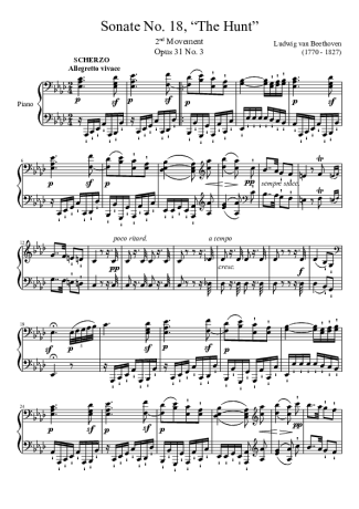 Beethoven Sonata No 18 The Hunt 2nd Movement score for Piano