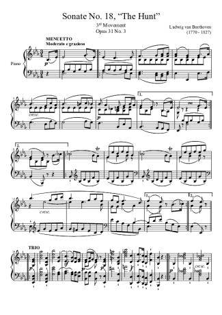 Beethoven Sonata No 18 The Hunt 3rd Movement score for Piano