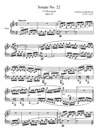 Beethoven Sonata No 22 2nd Movement score for Piano