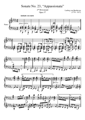 Beethoven Sonata No 23 Apassionata 2nd Movement score for Piano