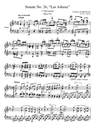 Beethoven Sonata No 26 Les Adieux 1st Movement score for Piano