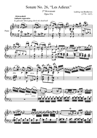 Beethoven Sonata No 26 Les Adieux 2nd Movement score for Piano