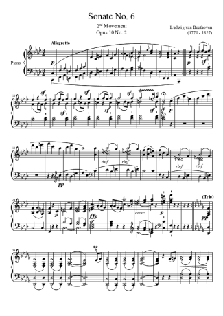 Beethoven Sonata No 6 2nd Movement score for Piano
