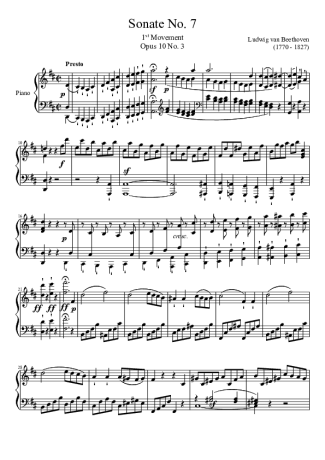 Beethoven Sonata No 7 1st Movement score for Piano