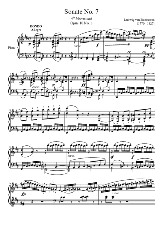 Beethoven Sonata No 7 4th Movement score for Piano