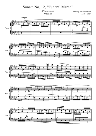 Beethoven Sonata No. 12 Funeral March 4th Movement score for Piano