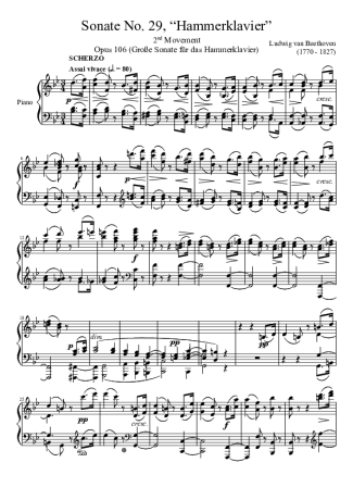 Beethoven Sonata No. 29 Hammerklavier 2nd Movement score for Piano