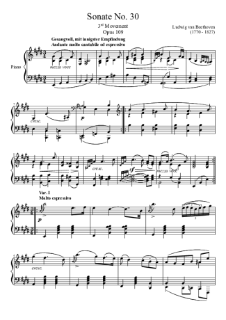 Beethoven Sonata No. 30 3rd Movement score for Piano