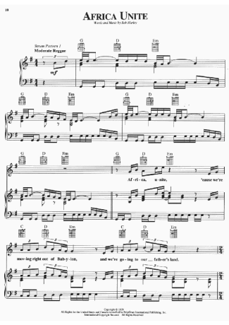 Bob Marley Africa Unite score for Piano