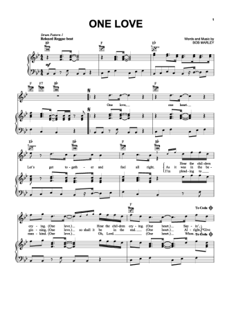 Bob Marley One Love score for Piano