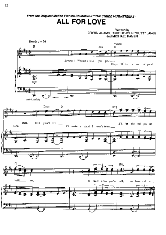 Bryan Adams All For Love score for Piano