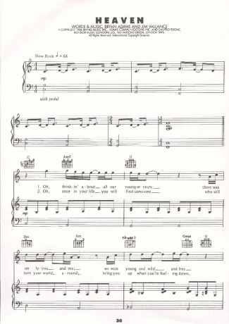 Bryan Adams Heaven score for Piano