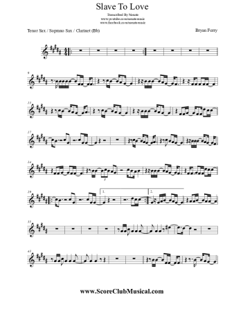 Bryan Ferry Slave To Love score for Alto Saxophone