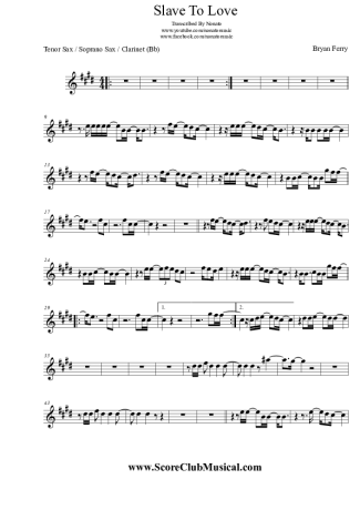 Bryan Ferry Slave To Love score for Clarinet (Bb)