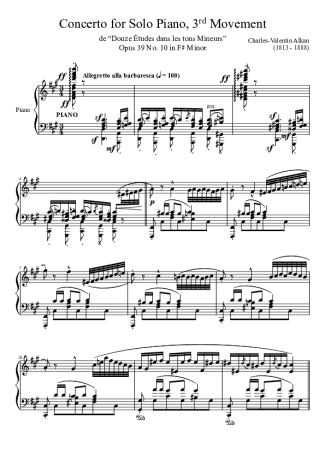 Charles Valentin Alkan Concerto For Solo Piano 3rd Movement Opus 39 No. 10 In F Minor score for Piano