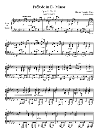Charles Valentin Alkan Prelude Opus 31 No. 22 In E Minor score for Piano