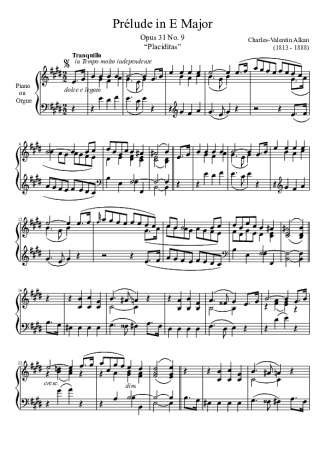 Charles Valentin Alkan Prelude Opus 31 No. 9 In E Major score for Piano
