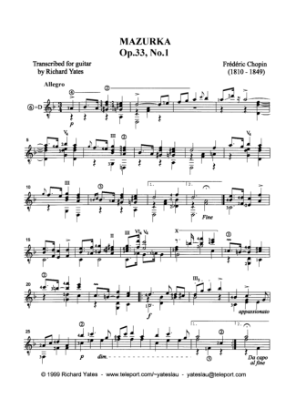 Chopin Mazurka Op 33 N 1 score for Acoustic Guitar