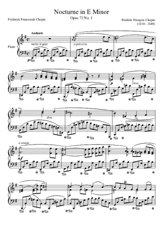 Chopin Nocturne Opus 72 No. 1 In E Minor score for Piano