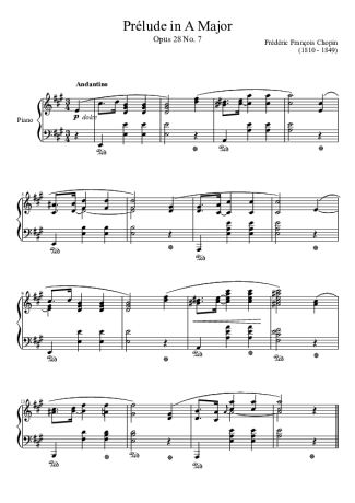 Chopin Prelude Opus 28 No. 07 In A Major score for Piano