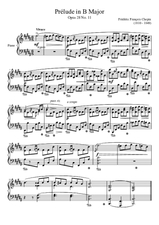 Chopin Prelude Opus 28 No. 11 In B Major score for Piano