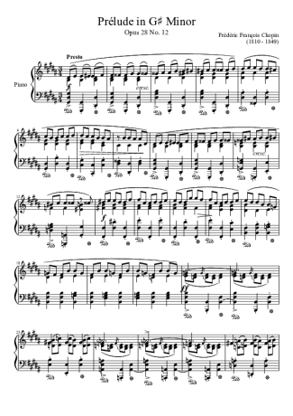Chopin Prelude Opus 28 No. 12 score for Piano