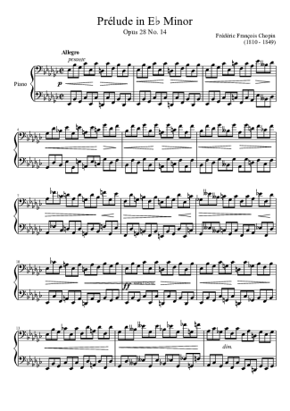 Chopin Prelude Opus 28 No. 14 In E Minor score for Piano