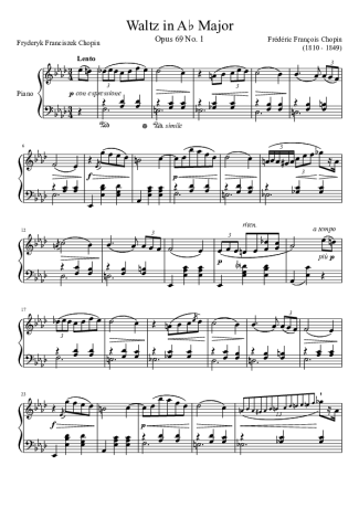 Chopin Waltz Opus 69 No. 1 In A Major score for Piano