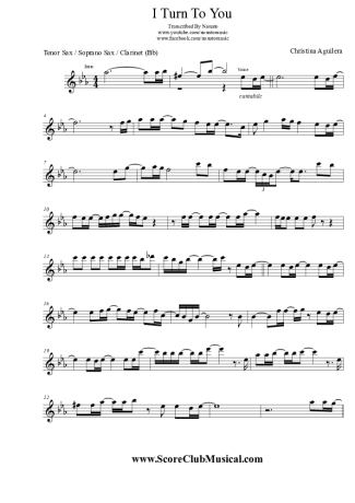 Christina Aguilera I Turn To You score for Tenor Saxophone Soprano (Bb)