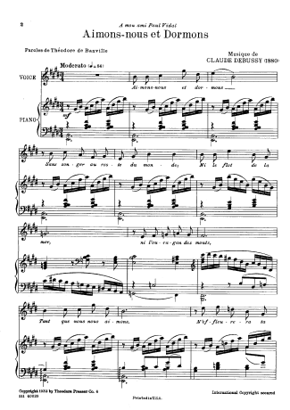 Claude Debussy Aimons-nous Et Dormons score for Piano