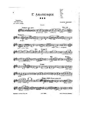 Claude Debussy Arabesque No. 1 score for Violin