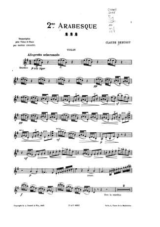 Claude Debussy Arabesque No. 2 score for Violin