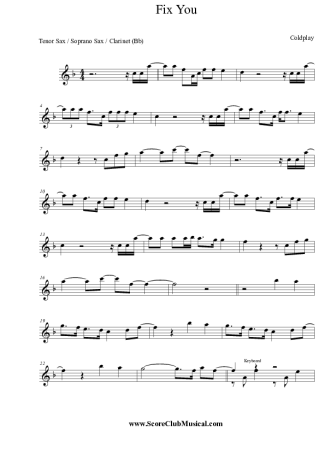 Coldplay Fix You score for Clarinet (Bb)