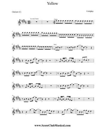 Coldplay Yellow score for Clarinet (C)