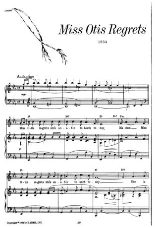 Cole Porter Miss Otis Regrets score for Piano
