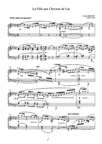 Debussy La Fille Aux Cheveux De Lin score for Piano