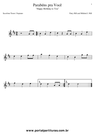 Desconhecido Parabéns Pra Você (Happy Birthday to You) score for Tenor Saxophone Soprano (Bb)