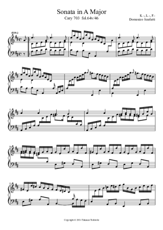 Domenico Scarlatti Keyboard Sonata In A Major Cary 703 score for Piano