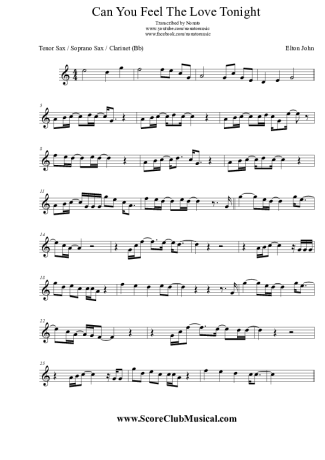 Elton John Can You Feel The Love Tonight score for Tenor Saxophone Soprano (Bb)