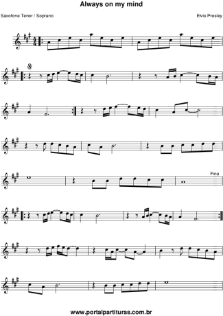 Elvis Presley Always On My Mind score for Tenor Saxophone Soprano (Bb)