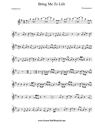 Evanescence Bring Me To Life score for Clarinet (C)