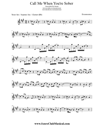 Evanescence Call Me When You´re Sober score for Tenor Saxophone Soprano (Bb)