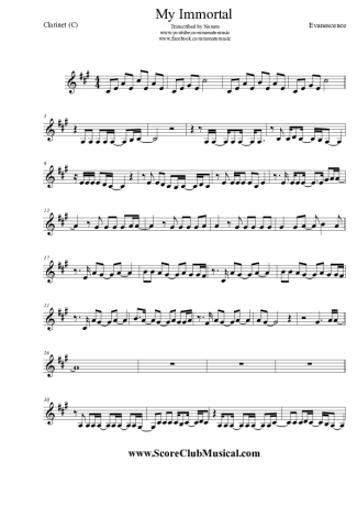Evanescence My Immortal score for Clarinet (C)